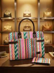 Zouk Qutub Stripes Office Essential <b>Bag</b> | Luxury Vegan Leather <b>Work</b> Tote | Artisan Print Carryall | Travel-Friendly Laptop <b>Bag</b> - Product Image 3