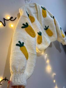 Women's <b>White</b> Hand <b>Knitted</b> Pineapple Applique <b>Cardigan</b> Lantern Sleeve O Neck Casual Sweater All Seasons - Product Image 6