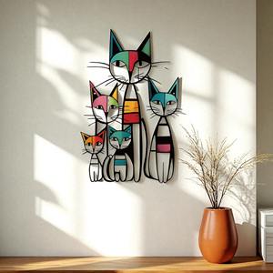 งานศิลปะติดผนังรูปครอบครัวแมวสี่ตัว ประติมากรรมโลหะสีสันสดใส แขวนผนังเหล็ก เหมาะสำหรับห้องเด็ก พื้นที่เล่น และตกแต่งบ้าน - Product Image 1