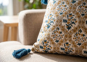 Ethnic Style Printed Cotton <b>Cushion</b> <b>Cover</b> Featuring Elegant Corner Tassel Accents, OEM Bulk Wholesale Supplier18X18 - Product Image 3