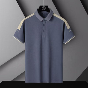 เสื้อโปโลแขนสั้นผู้ชาย สีพื้น ผ้าถัก แห้งเร็ว ดีไซน์ลำลอง ติดกระดุมด้านหน้า แขนซ้ายสีตัดต่อ โลโก้ - Product Image 3