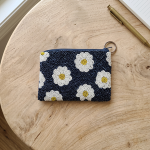 Pochette cosmétique en coton écologique à motif floral perlé, fermeture éclair, style bohème pour femme, portefeuille long pour usage quotidien - Product Image 1