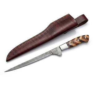 Cuchillo de Cocina de Acero de Damasco Forjado a Mano, Hoja Fija, Mango de Madera de Olivo y Resina, Funda de Cuero, Directo de Fábrica - Product Image 1