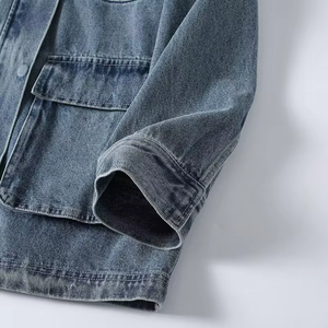 He She Wears Women's Stonewashed <b>Denim</b> <b>Jacket</b> Eco-Friendly Breathable Contrast Color Shoulder Patches Button Front Long Sleeve - Product Image 4