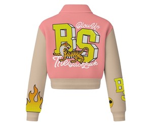 Veste bomber en twill à col universitaire unisexe pour femme, avec logo personnalisé, broderie chenille, patch en cuir, en polaire pour l'hiver - Product Image 3