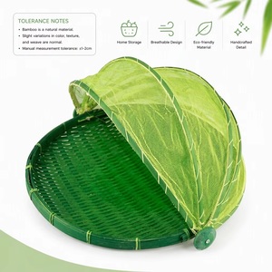 Panier de rangement en bambou écologique avec couvercle en filet vert respirant, anti-poussière, pour aliments et fruits - Product Image 1