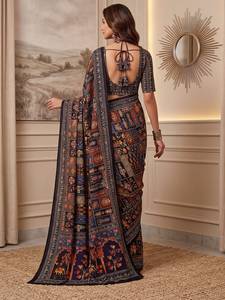Sari Tradicional Indio de Seda con Estampado Digital y Parches Multicolores para Bodas y Eventos Festivos para Mujer - Product Image 3