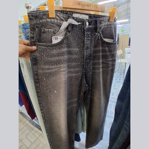 Women streetwear oem custom casual denim loose fit wide leg rhinestone <b>studded</b> black wash ladies jeans for trendy street style - Product Image 3