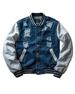 Chaqueta Bomber Vintage para Hombre, Estilo Varsity, de Mezclilla Desgastada, con Tela de Jean Rasgada, Bordes Deshilachados en Contraste, Estilo Casual Urbano, Abrigo de Invierno - Product Image 2