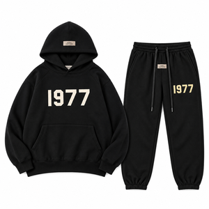 Ensemble de survêtement unisexe 3 pièces écologique 80% coton coupe ample à capuche hiver noir et rouge veste t-shirt pantalon de jogging athlétique - Product Image 2