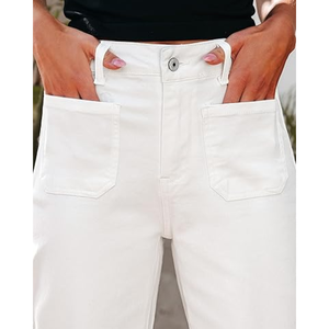 Vaqueros casuales de mujer de pierna ancha, cintura alta, corte cropped, acampanados, elásticos, holgados, con bolsillos de parche - Product Image 5