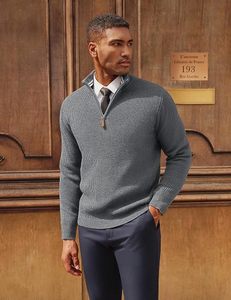Men's Gray Quarter <b>Zip</b> Long Sleeve Knitted Casual <b>Shirt</b> Stand Collar Solid Color Autumn Wear - Product Image 3