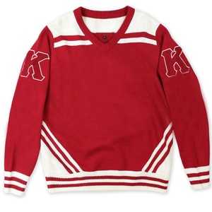Suéter de Punto Rojo Personalizado al por Mayor para Hombre, Cuello en V, Manga Larga, Bordado con la Letra K, Suéter Informal de Invierno - Product Image 1
