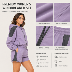 Conjunto de Pantalones Cortos y Chaqueta Cortavientos con Capucha para Mujer, Manga Larga, Corte Holgado, Estilo Deportivo, Transpirable, para Primavera/Verano, 2 Piezas - Product Image 5