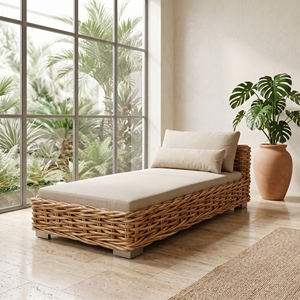 Sofá Cama Kamassan de Madera de Caoba con Ratán y Tela Daphnie, Muebles de Exterior Premium Estilo Resort, Conjuntos de Asientos para Patio - Product Image 2