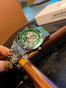 Montre-bracelet mécanique creuse en acier inoxydable, mouvement automatique, <span class=keywords><strong>lunette</strong></span> circulaire tendance, aiguilles lumineuses, montre 7 Saphir - Product Image 5