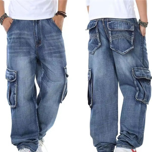 Jeans cargo en denim pour homme, coupe classique, multi-poches, décontracté, en coton lavé, bleu clair - Product Image 4