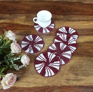 Handmade Eco-Friendly Customizable Red and White <b>Round</b> Knitted Coasters-Set of 6 for Home & Hotel Use - Product Image 3
