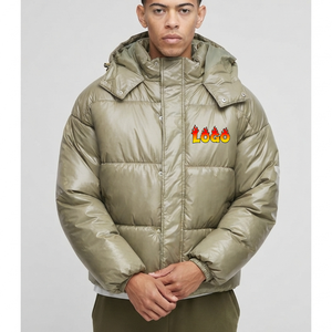 OEM Manufacturer Men's Hooded Puffer Jacket Olive Green <b>Thick</b> Windproof Casual <b>Winter</b> <b>Coat</b> With Logo Front Button Closure - Product Image 1