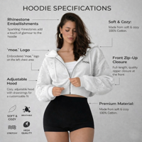 Sudadera con capucha corta para mujer, 100% algodón, felpa francesa, con pedrería, estilo oversize, streetwear, con logotipo personalizado bordado.