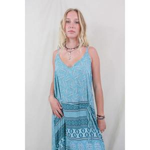 Robe longue d'été pour femme, bleue imprimée, 100% lin, écologique, sans manches, style bohème, coupe ample, ourlet portefeuille, idéale pour la plage - Product Image 2