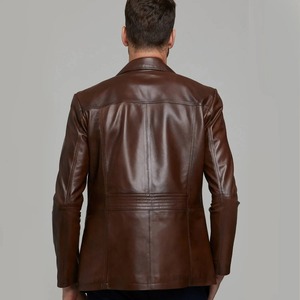 Blazer en cuir véritable marron foncé pour homme, fermeture éclair sur le devant, style décontracté vintage, respirant, respectueux de l'environnement, en cuir d'agneau véritable - Product Image 2