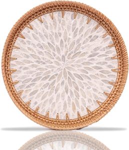 Handwoven Rattan Serving Tray with Printed Base Rectangular Wicker with Handles Stylish Breakfast Tea <b>Coffee</b> <b>Table</b> - Product Image 6