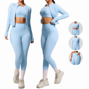 High Quality Fitness <b>Yoga</b> Three Piece Suit Long Sleeved Zipper Cardigan <b>Jacket</b> Long Sleeved Vest and <b>Yoga</b> Pants with Pockets - Product Image 1