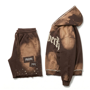 Ensemble de survêtement décontracté épais en coton 100% à séchage rapide avec broderie de perles, sweat à capuche zippé effet délavé soleil et short à cordon de serrage (lot de deux) - Product Image 6