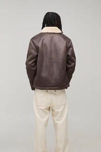<b>Mens</b> Genuine Leather <b>Aviator</b> Bomber <b>Jacket</b> Sherpa Collar Zip Front Side Pockets Custom Logo Custom Made Coat - Product Image 3
