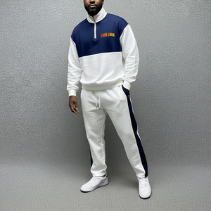 Men Color Blocking Tracksuit Half-Zip Sweatshirt with Drawstring <b>Pants</b> Regular Fit White Navy Cotton Autumn and Casual Wear - Product Image 4