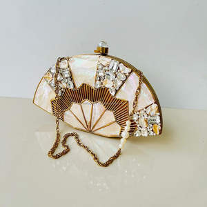 <b>Gold</b> Embellished Mop Inspired <b>Clutch</b> <b>Bag</b> Handmade White Shell Swirled Pattern with Metallic Finish Iron Wholesale <b>Clutch</b> - Product Image 2