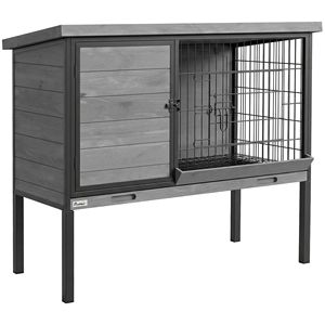 Casetta per Conigli da Esterno Rialzata in Legno con Vassoio Estraibile e Tetto Apribile in Plastica - Gabbia per Animali Domestici - Product Image 1
