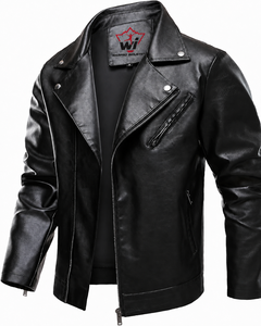 <b>Men</b>’s Black Leather <b>Biker</b> <b>Jacket</b> with Asymmetrical Zip, Lapel Collar, Chest Pocket and Modern Slim Fit - Product Image 6