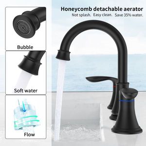 Robinet de lavabo noir mat à 2 poignées, 8 pouces de large, avec bec pivotant à 360 degrés, robinet de lavabo à 3 trous pour vasque de salle de bain - Product Image 2