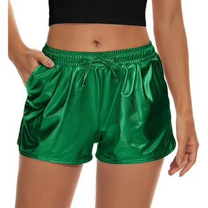 Metallic Shorts Women Solid Green Elastic Smocked <b>Drawstring</b> Side Pocket Shiny Glossy Rave Festival Dance - Product Image 1