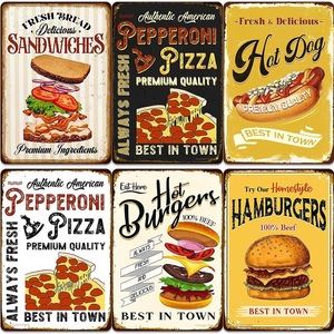 Metal <b>Wall</b> Signs Set 6Pcs Food Theme Kitchen Decor Rectangle Vintage Style Premium Quality Authentic American Pizza Hot - Product Image 1
