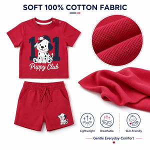 ชุดเสื้อยืดและกางเกงขาสั้นผ้าฝ้ายสีสันตามสั่ง Puppy Club 101 คอกลม ชุดลำลองสำหรับเด็กช่วงฤดูร้อน - Product Image 5