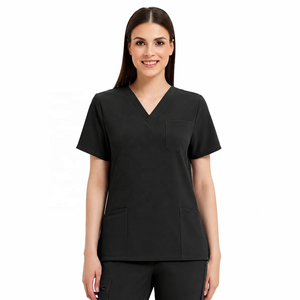 Haut de blouse médicale à col en V pour femme, couleur unie, extensible, uniforme de soins de santé, multi-poches, manches courtes, tenue de travail professionnelle pour infirmières - Product Image 1
