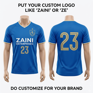 Camiseta de Fútbol Transpirable de Poliéster Interlock Premium de 220 g/m², Color Azul Rey con Detalles Dorados, Logotipo con Impresión Digital Personalizada, Correa Ajustable - Product Image 1