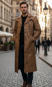 Manteau long épais vintage en cuir véritable de qualité supérieure pour homme avec fermeture boutonnée à couches multiples, imperméable et respirant, 100 % rembourré - Product Image 2