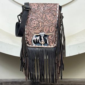 Nuevo Bolso Bandolera Cruzado de Cuero Vacuno Repujado a Mano con Flecos, Elegante y Moderno Estilo Occidental, Bolso de Hombro para Mujer - Product Image 4