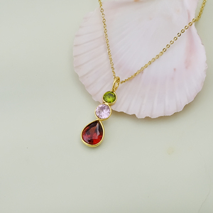 Collar con colgante de granate, cuarzo rosa y peridoto, con múltiples piedras en forma de pera y corte redondo, hecho a mano, estilo bohemio, ideal para regalo. - Product Image 1