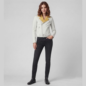 Custom Unisex White & Yellow Biker Leather <b>Jacket</b> Motorcycle Zip Belted Fashion Coat Premium <b>Slim</b> <b>Fit</b> Moto <b>Jacket</b> for Unisex - Product Image 4