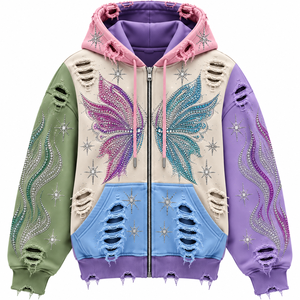 Sudadera con Capucha Personalizada con Bloques de Color y Pedrería, Sudadera Oversize Brillante Multicolor, Estilo Y2K, Fabricante de Ropa Urbana - Product Image 2
