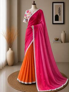 Sari en tissu de lin à rembourrage doux avec travail de miroir sur le corps et bordure brodée blanche, et magnifique chemisier imprimé assorti. - Product Image 1