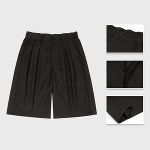 Shorts Bermuda Plissés Noirs pour Hommes, Taille Mi-Haute Élastique, en Toile Séchage Rapide, Tissé Uni Décontracté - Product Image 2