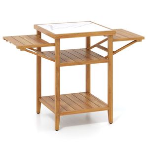 Acacia Wood Outdoor Grill <b>Table</b> with Drop Leaf <b>BBQ</b> Prep Station Faux Marble Resin Top - Product Image 5