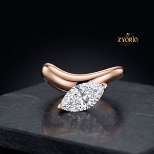 Anillo de compromiso solitario con corte marquesa, oro de 18 quilates, banda curva de lujo, anillo llamativo - Product Image 2