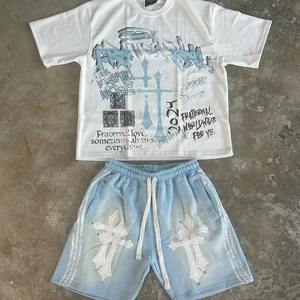 Conjunto de Pantalones Cortos y Camiseta de Manga Corta para Hombre, Estilo Americano Vintage Lavado, 305 g/m², con Logotipo Personalizado, Informal, para Viajes y Actividades al Aire Libre, 2026 - Product Image 1